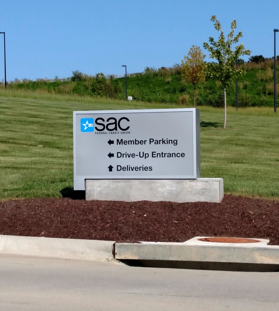 Non-illuminated, double-face SAC Federal Credit Union directional for their Papillion location